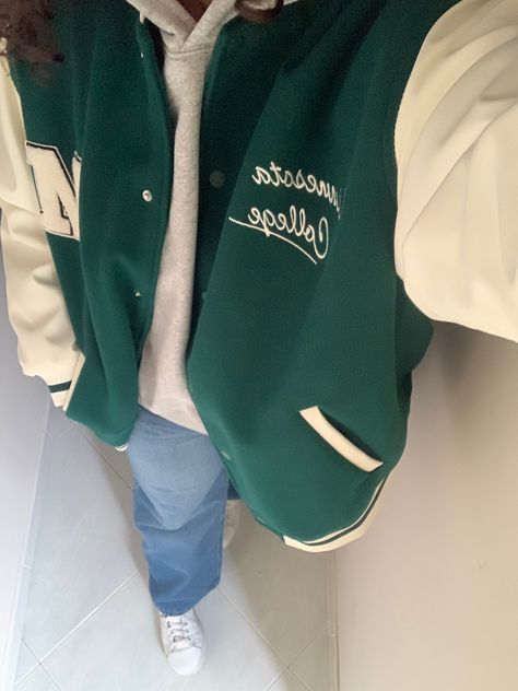 Green Varsity Jacket Outfit Aesthetic, Green Baseball Jacket Outfit, Veracity Jacket, Yellow Varsity Jacket Outfit, Baseball Jacket Outfit Aesthetic, Varsity Jacket Outfit Aesthetic, Green Baseball Jacket, Varsity Jacket Aesthetic, Jacket Outfit Aesthetic