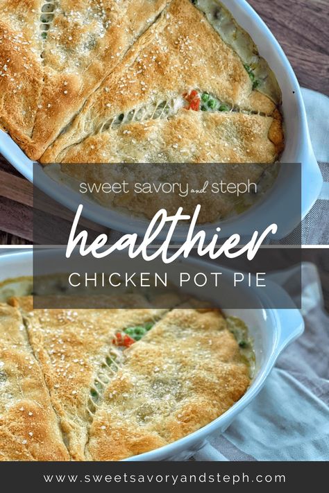 This healthier chicken pot pie is made without the use of any creamy canned soups. Topped with crescent roll dough, it couldn't be easier to throw together. This recipe is lightened up, but not on flavor! Homemade Chicken Pot Pie Healthy, Lighter Chicken Pot Pie, Easy Healthy Chicken Pot Pie Recipe, Clean Chicken Pot Pie Recipe, Chicken Pot Pie Healthy Easy, Canned Biscuit Chicken Pot Pie, Protein Chicken Pot Pie, Macro Chicken Pot Pie, Low Carb Chicken Pot Pie Casserole