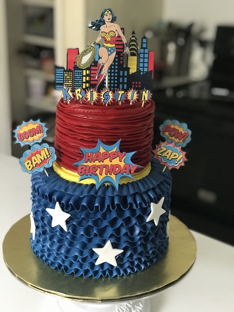 Wonder Woman Cake Ideas, Wonder Woman Cake, Women Party Ideas, Wonder Woman Birthday, Wonder Woman Party, 2 Tier Cake, Doll Cake, Superhero Party, Tiered Cakes