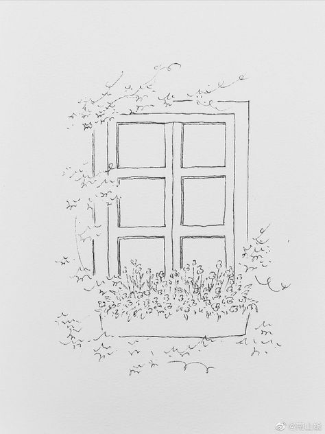 Garden Sketch Drawing Easy, Simple Window Drawing, Cottage Line Drawing, Window Drawing Sketch, Cottage Drawing Simple, Simple Architecture Drawing, Window Doodle, Window Drawings, Window Sketch