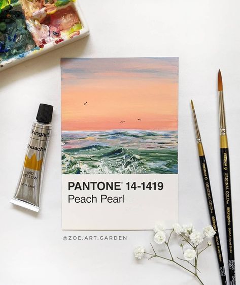 Pantone Painting, Pantone Challenge, Pantone Art, Beach Sunset Painting, Zoe Lee, Gouache Color, Gouache Art, Postcard Art, Paint Cards