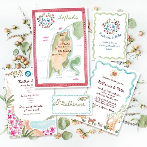 A gorgeous Summer wedding stationery suite on the beautiful Greek Island of Lefkada | Ofelia Botella Bespoke Wedding Stationery, Wedding Stationery Suite, Olive Grove, Stationery Packaging, Order Of Service, Greek Wedding, Personalised Wedding Invitations, Sweet 15, Olive Trees