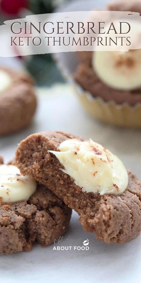 These tender Keto Gingerbread Cookies have a delicious center of sugar-free white chocolate. They make a delightful addition to your holiday cookie line-up! Virta Recipes, Gingerbread Thumbprint Cookies, Keto Gingerbread Cookies, Keto Gingerbread, Christmas Keto, Marshmallow Brownies, Low Carb Christmas, Clean Desserts, Keto Christmas Cookies