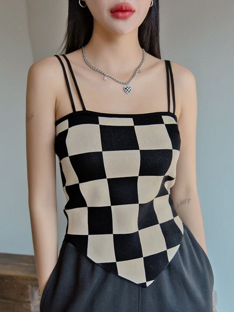 Multicolor Casual Collar Sleeveless Fabric Plaid  Embellished Slight Stretch Summer Women Knitwear Checkered Pattern Outfit, Cuadros Aesthetic, Checker Top, Bandana Top, Tuscan Villa, Long Black Hair, Outfit Aesthetic, Fashion Korean, Kawaii Clothes