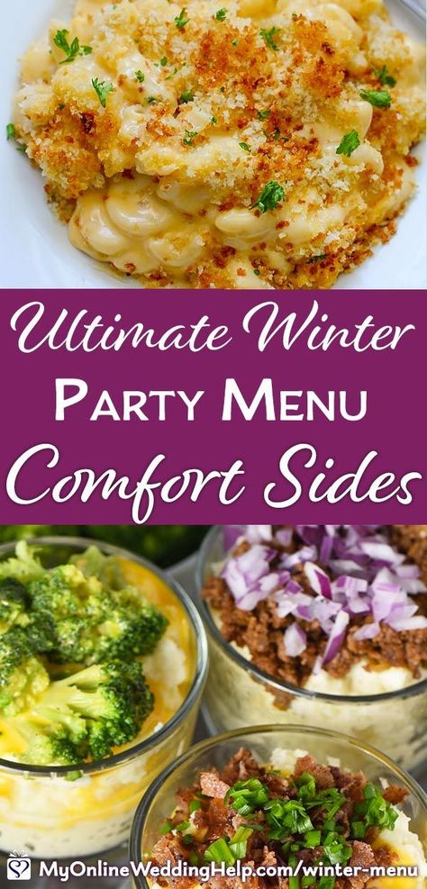 Winter wedding party comfort food sides: Mashed potatoes and macaroni and cheese bar. Or make it the main attraction! Look for the make-ahead and low-carb tips after each recipe. See the entire cold-weather comfort food party or wedding menu on the My Online Wedding Help blog. Comfort Food Wedding, Macaroni And Cheese Bar, Comfort Food Sides, Weather Party, Winter Wedding Party, Unique Wedding Colors, Cold Weather Comfort Food, Urban Wedding Venue, Cheese Bar