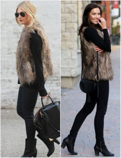 black outfit with faux fur vest - Yahoo Search Results Faux Vest Outfit, Brown Fur Vest Outfit, Black Fur Vest Outfit, Faux Fur Vests Outfits, Uggs Outfit Winter, Fur Vest Outfit, Fur Vest Outfits, Brown Fur Vest, Black Fur Vest