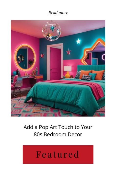 80s-inspired bedroom with vibrant colors, pop art decor, and geometric lighting. Retro Guest Bedroom, Pop Art Bedroom Ideas, 80s Themed Bedroom, 80s Style Bedroom, Angular Furniture, Room With Neon Lights, 80s Inspired Bedroom, Sculptural Decor, Pop Art Bedroom