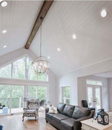 Ceiling Beams Living Room, Vaulted Ceiling Beams, Cathedral Ceiling Living Room, Vaulted Ceiling Ideas, Vaulted Ceiling Lighting, Living Room Addition, Beams Living Room, Wall Of Windows, Ceiling Wood