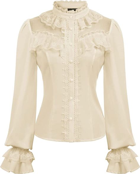 Women's Stand Collar Button Blouse Retro Gothic Lolita Shirt Top Apricot XXL at Amazon Women’s Clothing store Victorian Shirt, Gothic Blouse, Casual Blouse Shirts, Victorian Blouse, Shirt Blouses Women's, Blouse Long Sleeve, Elegant Shirt, Blouse Vintage, Long Blouse