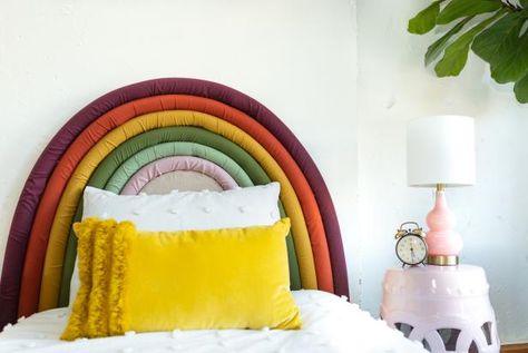 Whimsical Headboard, Sisters Bedroom, Upcycle Headboard, Muscari Flowers, Barnwood Headboard, Rainbow Headboard, Grandkid Gifts, Diy Tufted Headboard, Colorful Headboard