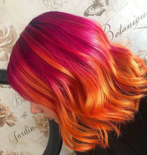 Bright Pink Ombre Hair, Pink Into Orange Hair, Dark Pink And Orange Hair, Pink To Yellow Hair, Pink And Orange Hair Ombre, Pink Orange Ombre Hair, Pink Sunset Hair, Orange To Pink Hair, Pink And Orange Hair Short