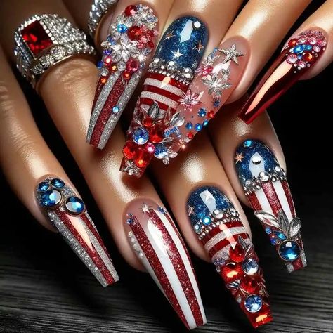 89 Stunning Memorial Day Nails For Every Skin Tone 2024 Trendy Red, White &Amp; Blue Designs 71 4 Th July Nail Art, September Nail Ideas Blue, Long 4th Of July Nails, Labor Day Nail Ideas, Patriotic Nail Designs Red White Blue, Labor Day Nail Designs, Challenge Nails, Nail Stripes, Independence Day Nails