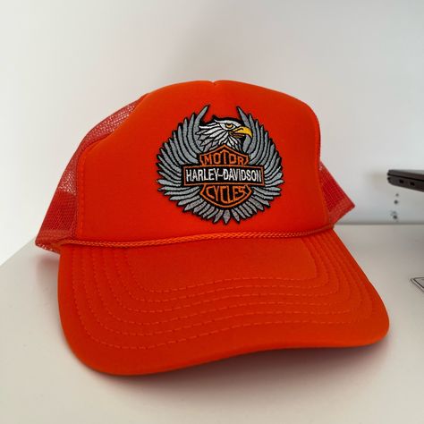 Vintage Harley Davidson Trucker Hat, Never Worn And In Perfect Condition Harley Davidson Accessories, Vintage Harley Davidson, Vintage Harley, Accessories Vintage, Vintage Accessories, Color Orange, Harley Davidson, Trucker Hat, Craft Ideas