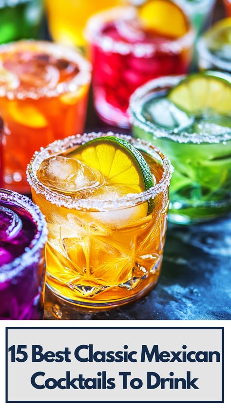 A collection of classic Mexican cocktails including margaritas and palomas served in colorful glasses, perfect for a festive gathering or casual night. Mexican Cocktails For A Crowd, Southwest Cocktails, Mexican Mixed Drinks, Latin Cocktails, Mexican Cocktail Recipes, Mexican Cocktails, Mexican Bar, Fun Drinks Alcohol, Mexican Coffee