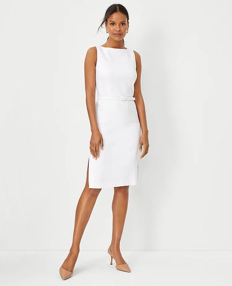 The Petite Belted Boatneck Sheath Dress in Linen Blend Boat Neck Dresses, Styles For Petite Women, Trendy Petite Clothing, Ladies Style, Wardrobe Capsule, Boat Neck Dress, Knitted Suit, Black Sheath Dress, Ann Taylor Dresses