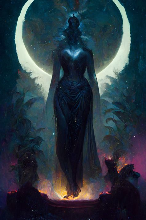 Goddess Of Night Art, Shadow Goddess Fantasy Art, Moon Lady Art, Moon Deity Art, Universe Goddess Art, Goddess Of Nightmares, Shadow Goddess Art, Moon Queen Art, Alien Goddess Art