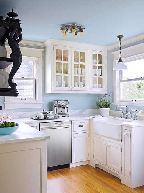 Blue Kitchen Walls, Light Blue Kitchens, Small Cottage Kitchen, Light Blue Walls, Blue Ceilings, Blue Kitchen, Old Kitchen, Blue Kitchens, Kitchen Photos