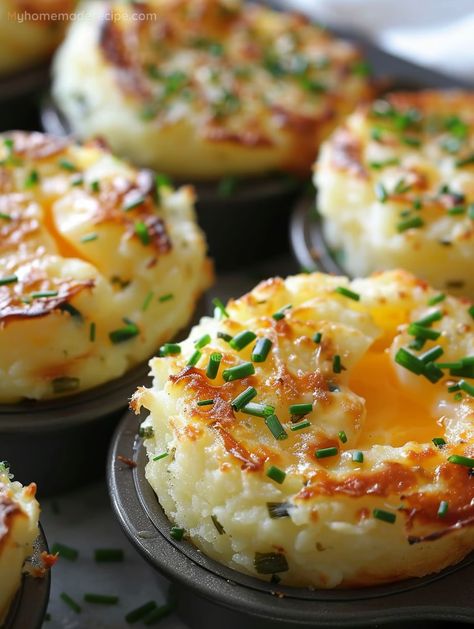 Delicious Garlic Chive Mashed Potato Puffins Recipe - My Home Made Recipe Garlic Chives Recipes, Potatoes In Muffin Tin Recipe, Food Staging, Parmesan Potato Recipe, Savory Cupcakes, Cheese Bites Recipe, Chives Recipe, Baked Mashed Potatoes, Potato Puffs