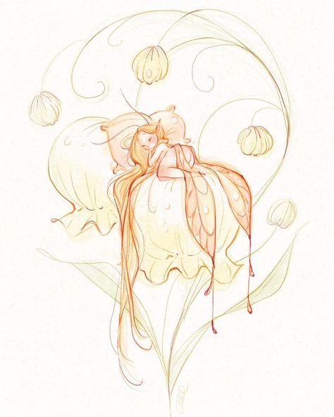 Drawing Lily Of The Valley, Flower Fairy Drawing, Mythical Drawings, Lily Of The Valley Drawing, Lily Of The Valley Fairy, Fairies Art, Fairy Sketch, Fairy Drawing, Sketchy Style