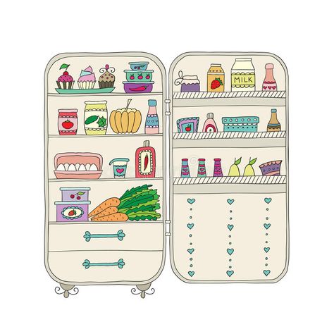 Doodle refrigerator with food drawn by hand. royalty free illustration Refrigerator Illustration, Fridge Illustration, Lap Book Templates, Fridge Art, Food Cartoon, Music Illustration, Drawing Journal, Cleaning Logo, Free Illustration