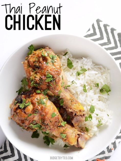 Thai Peanut Chicken - BudgetBytes.com Thai Peanut Chicken, Budget Bytes, Chicken Drumstick Recipes, Drumstick Recipes, Thai Peanut, Peanut Chicken, Exotic Food, Chicken Drumsticks, Frugal Meals