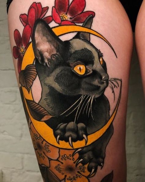 @jentonic . . #inkitup #tradtattoos #tattoo Tattoo Gato, Cat Portrait Tattoos, Neo Tattoo, Cat And Moon, Black Cat Tattoos, Tattoo Magazine, Sweet Tattoos, Cat Tattoo Designs, Unique Tattoo Designs