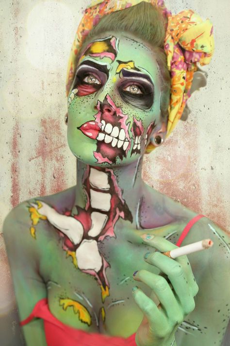 Women's Halloween Makeup. View More. https://www.burnerlifestyle.com/category/halloween-costumes/ #burnerlifestyle #halloween #halloweencostumes #halloweenmakeup #makeupideas #womenscostumes #womensoutfits #costumes Zombie Make Up, Pop Art Zombie, Makeup Zombie, Halloweenský Makeup, Pop Art Makeup, Halloween Clown, Special Fx Makeup, Horror Makeup, Zombie Makeup