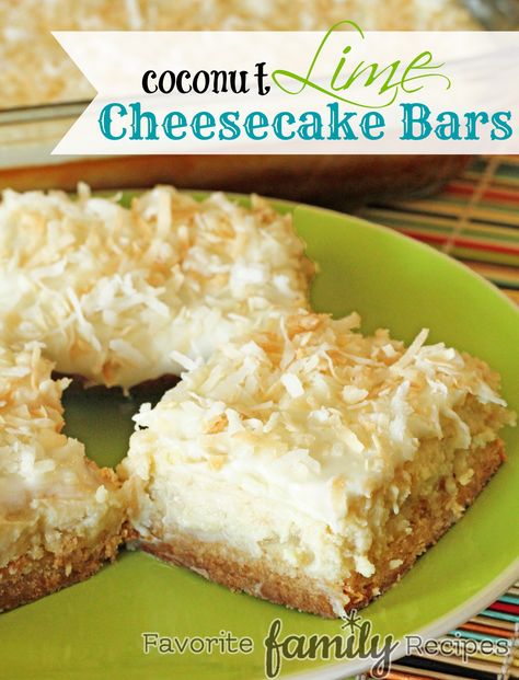 These cheesecake bars are heavenly, or maybe I should say sinful. There is no way you can eat just one!  Find all our yummy pins at https://www.pinterest.com/favfamilyrecipz/ Coconut Lime Cheesecake, Lime Cheesecake Bars, Hawaiian Cheesecake, Tropical Desserts, Cheesecake Bar Recipes, Lime Cheesecake, Dessert Aux Fruits, Cake Bars, Think Food