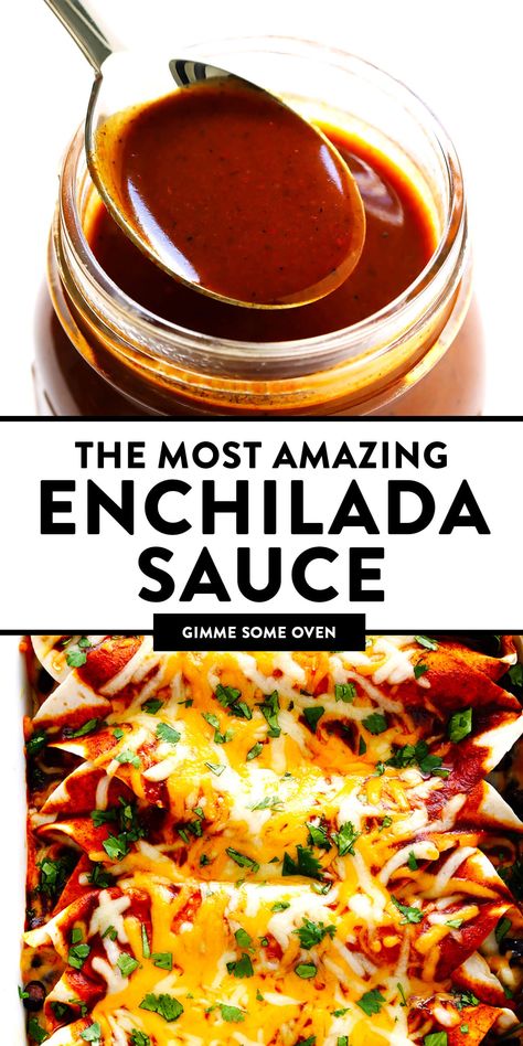 This homemade red enchilada sauce recipe is easy to make in just 20 minutes, and full of the most delicious Southwestern and Mexican chili flavors. Perfect to use in enchiladas, soups, nachos, tacos and more! (Vegatarian / Vegan / Gluten-Free) | gimmesomeoven.com How Do You Make Enchilada Sauce, Authentic Mexican Enchilada Sauce, Diy Enchilada Sauce, Canning Enchilada Sauce, Enchiladas Rancheras, Enchilada Seasoning, Red Enchilada Sauce Recipe, Easy Enchilada Sauce, Authentic Enchilada Sauce