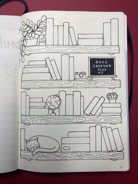 Katie Is Reading, Bookshelf Doodle, Bookshelf Journal, Books Bujo, Book Journal Ideas Layout, Bullet Journal Reading Log, Bullet Journal Bookshelf, Book Bullet Journal, Journal 2025