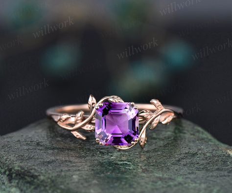 This ring is handmade by myself. The main stone is a 7mm Asscher cut natural purple Amethyst. The band width is about 1.4mm. The material is solid 14k gold(white,yellow,rose gold is also available) Ring size can be choose from the selection box. Matching band available: https://www.etsy.com/shop/willwork?section_id=20674906 This jewelry can also be made in solid 10k,14k,18k gold,with real diamonds.Contact me! Need rush order? contact me! Need custom making order? Contact me! I have confidence on Ethereal Jewelry, Jewelry Photography Styling, Amethyst Ring Engagement, Purple Gems, Cute Engagement Rings, Wedding Anniversary Rings, Solid Gold Jewelry, Bling Rings, Rose Gold Engagement Ring