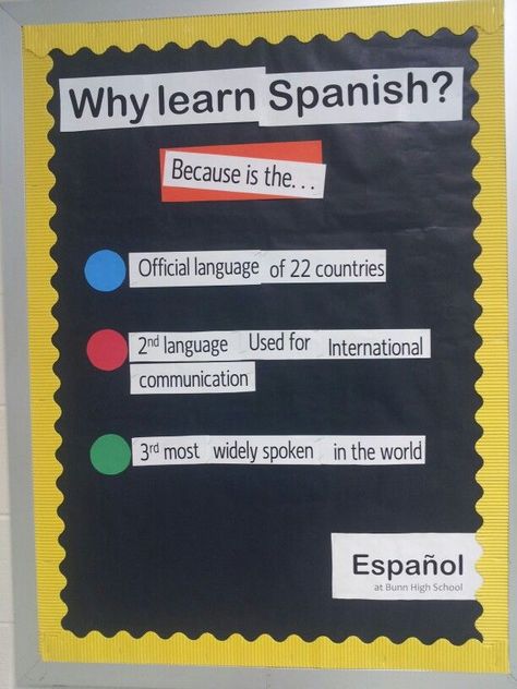 Spanish Board Ideas, Spanish Class Decor, Spanish Classroom Door Ideas, Spanish Bulletin Board Ideas, New Teacher Classroom Ideas, Spanish Classroom Bulletin Boards, Spanish Bulletin Boards, Why Learn Spanish, Spanish Teacher Classroom