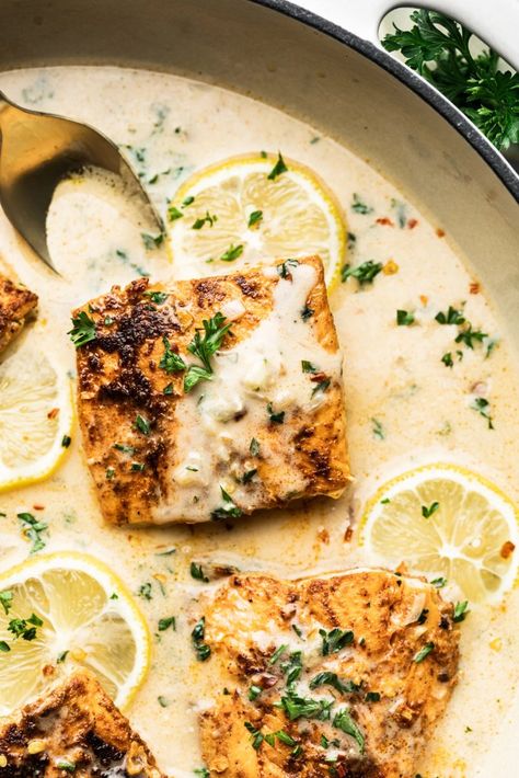 Pan Seared Salmon in Lemon Cream Sauce - The Bettered Blondie Salmon Green Beans, Lemon Cream Sauce, Lemon Cream Sauces, Mushroom Pork Chops, Shrimp Sausage, Lime Cream, Lemon Salmon, Pan Seared Salmon, Easy Asian