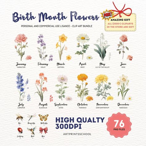 Floral Png, Flowers Clipart, Antique Floral, Birth Month Flower, Personalized Birthday Cards, Month Flowers, Birth Month Flowers, Flower Clipart, Art Bundle