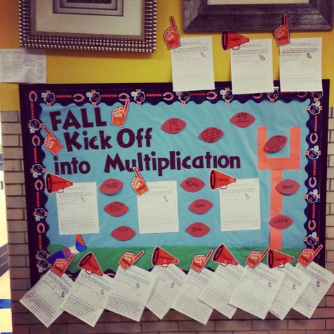 Fall football bulletin board 🏈🏈 Fall Math Bulletin Boards, Math Bulletin Boards Middle School, Football Bulletin Boards, Math Interventionist, Bulliten Board Ideas, Math Bulletin Boards, Classroom Door Decorations, Sports Classroom, October Ideas