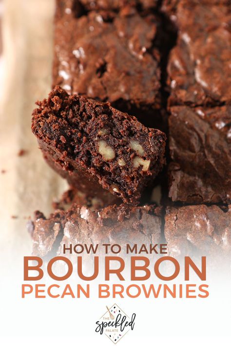 These Chocolate Chip Brownies with Bourbon and Pecans are an amazing dessert for sharing. Filled with tons of dark chocolate, pecans and bournon, these brownies are gooey and decadently delicious for game day celebrations, birthdays and more. #EasyEntertaining #SpeckledPalate Bourbon Brownies, Boozy Recipes, Chocolate Pecans, Pecan Brownies, Chocolate Bar Recipe, Pecan Desserts, Caramel Chocolate Bar, Chocolate Chip Brownies, Dark Chocolate Brownies