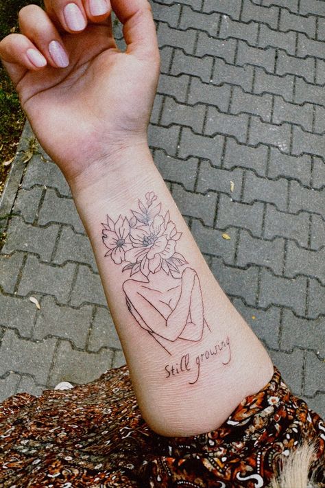 #tattoo #tattooideas #tattoosforwomen #tattoofloral #tattootext Dont Rush Your Growth Its A Natural Process Tattoo, Self Growing Tattoo, Growth And Healing Tattoo Ideas, Grow Your Mind Tattoo, Woman Growing Tattoo, Self Love With Flowers Tattoo, Daring Greatly Tattoo, Tattoos Signifying Growth, You Grow Through What You Go Through Tattoo