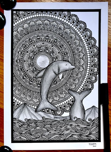 Mandala with dolphin Dolphin Mandala Art, Dolphin Mandala, Easy Mandala, Art Buddha, Easy Mandala Drawing, Simple Mandala, Mandala Artwork, Art Sea, Madhubani Painting