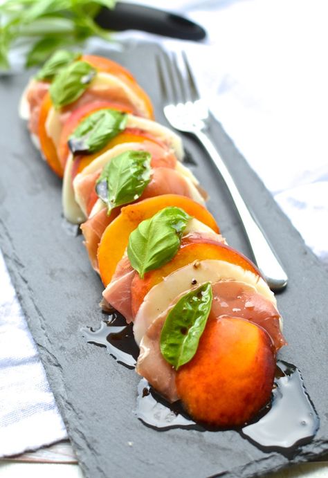 Peach and Prosciutto Caprese Salad | The Every Kitchen Prosciutto Caprese, Peach Prosciutto, Grilled Peach Salad, Caprese Salad Recipe, Peach Salad, Grilled Peaches, Recipes Appetizers And Snacks, Peach Recipe, Summer Salads