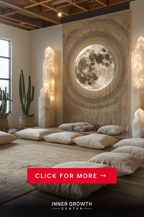 A serene meditation space featuring a large illuminated moon tapestry, floor cushions, and illuminated crystal-shaped wall lights alongside desert plants Pisces Room Aesthetic, Spiritual Room Aesthetic, Spiritual Room Meditation Space, Spiritual Room Ideas, Astrology Room, Healing Room Ideas, Spiritual Bedroom, Enchanting Room, Spiritual Room Decor