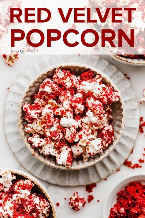 I saw this on a TV show, but instead of white chocolate- they used cream cheese frosting and melted it and poured it over the popcorn. I think you could use cheetos puff corn too -cp Flavored Popcorn Recipes, Popcorn Recipes Sweet, Popcorn Recipes Easy, Popcorn Salt, Easy Red Velvet, Popcorn Cake, Red Velvet Recipes, Easy Snacks For Kids, Valentines Day Food