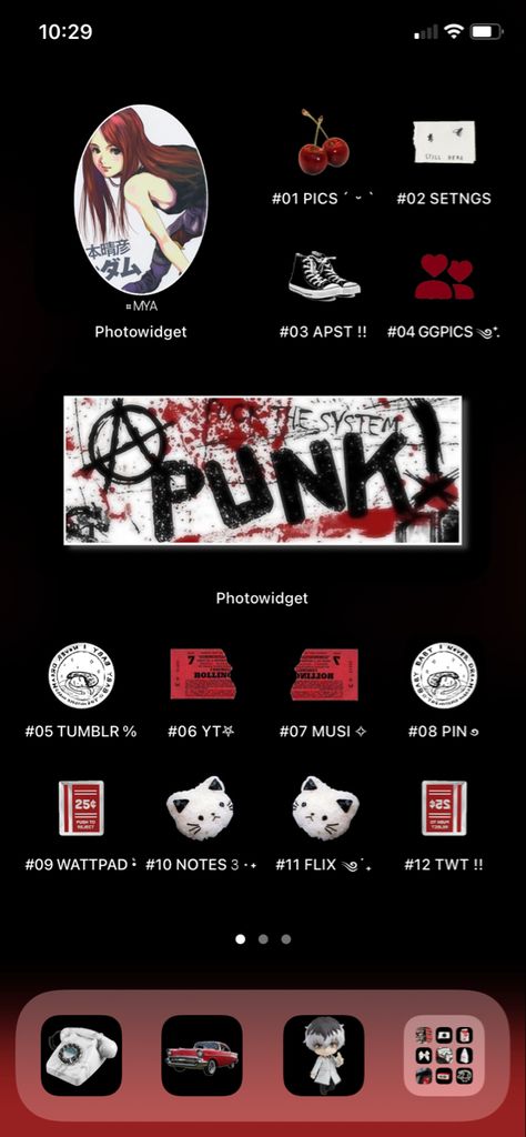 Punk Ios14 Homescreen, Emo Phone Layout Ideas, Iphone 8 Home Screen Layout, Emo Phone Layout, Red Phone Layout, Phone Ideas Organization, Ios 15 Home Screen Ideas, Phone Theme Ideas, Ios Organization