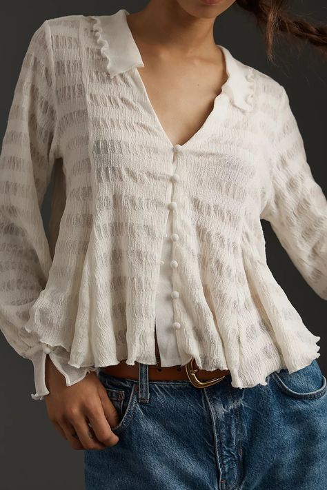 By Anthropologie Long-Sleeve Button-Front Textured Blouse | Anthropologie Textured Blouse, Lace Dress Styles, Anthropologie Uk, Textured Top, 50 Fashion, Cotton Tops, Tee Shop, Pretty Outfits, New Fashion