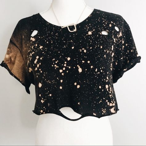 This Awesome Bleached Distressed Crop Top Is A Must Have. Each Piece Is Hand Distressed And Made To Order Just For You. I Have Been Making Custom Pieces For Years And Partnered With Coachella Entertainers And Have Made Custom Pieces For People To Wear To Concerts, Festivals And Much More Highlights: -Boxy Fit -Distressed -Bleach Spots -Unique, No Two Pieces Are Exactly Alike -Soft Fabric -Raw Hems Available Up To Size 5x Distressed Concert Tee, Diy Clothing Grunge, Punk Bleached Shirt, Bleach Shirt Design Grunge, Punk Shirt Diy, Bleach Black Shirt Diy, Cut Shirt Designs Diy, Diy Distressed Shirt, Grunge Shirt Design