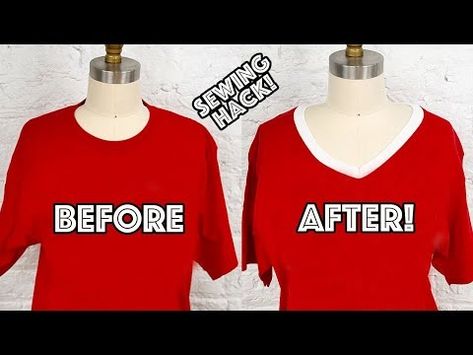 (1) The Easiest Way To Change A Crew Neck T-shirt To a V-neck! - YouTube How To Make A V Neck From A Crew Neck, Diy Style, How To Make Tshirts, Sewing Hacks, Sewing Tutorials, Neck T Shirt, The Secret, V Neck T Shirt, Round Neck