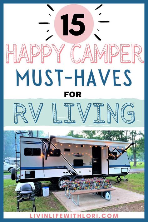 Happy Camper must-haves for the campground. travel trailer set up at the campsite. Camper Must Haves, Rv Camping Checklist, Camper Accessories, Rv Camping Tips, Camper Organization, Camping Must Haves, Camper Hacks, Trailer Decor, Travel Trailer Camping