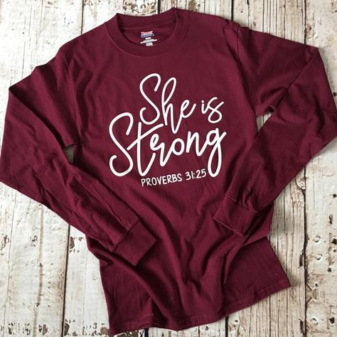 This is an inspirational reminder on this Christian shirt from Proverbs 31:25, that She Is Strong! All strong minded women need this shirt in their closet! Add one today! -Hanes Brand -Unisex Fit -100% Cotton (some colors are a cotton/ poly blend) -Includes large design on front Please leave the Bible Verse Proverbs, Christian Shirts Designs, She Is Strong, Gifts For Guys, Jesus Shirt, Christian T Shirts, Cute Shirt Designs, Christian Tees, Christian T Shirt