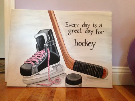 I need to pain this with 3 sets of skates! Hockey Art, Hockey Painting Ideas, Hockey Painting Ideas On Canvas, Hockey Skates Drawing, Hockey Painting, Hockey Artwork, Hockey Diy, Dustin Brown, Hockey Crafts