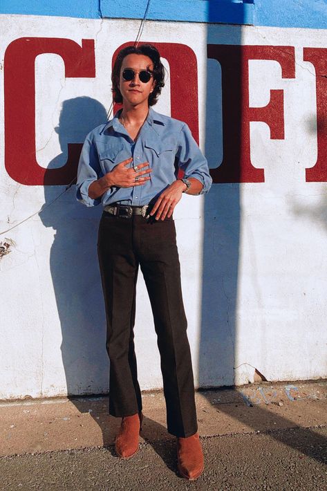 Men's fashion Mens 70s Outfits, 70s Western Fashion, 70s Outfits Men, 70s Fashion Men, 70s Mens Fashion, Vest Outfits Men, Experimental Fashion, Modern Cowboy, Manly Man