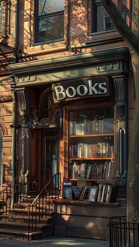 Apartment Above Bookstore, New York Vintage Aesthetic, Old Bookshop Aesthetic, New York Bookstore, Bookstore Exterior, Cozy Bookstore Aesthetic, Fantasy Bookstore, Old City Aesthetic, Old Vintage House